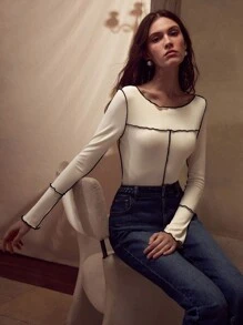 MOTF PREMIUM Camiseta de cuello de barco con costuras expuestas - Albaricoque - Ver 6