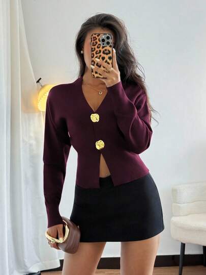 Elyressa Women's Fashion Casual Minimalist Asymmetric Button Knit Cardigan, Sophisticated Design Sweater Top Fall Winter Cloth For Women