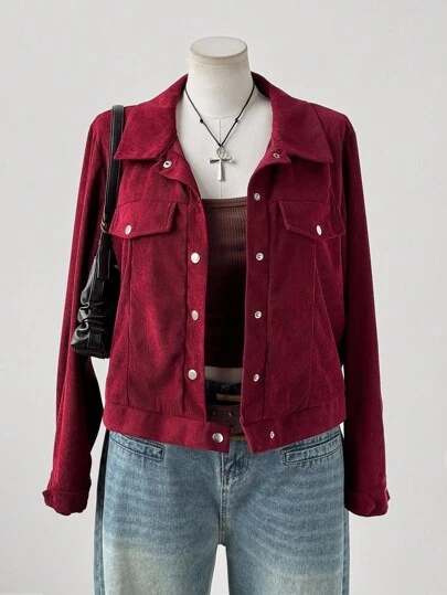 Flirla Casual Versatile Corduroy Long Sleeve Metal Button Short Red Jacket Vintage Fall Winter Cloth For Women Autumn