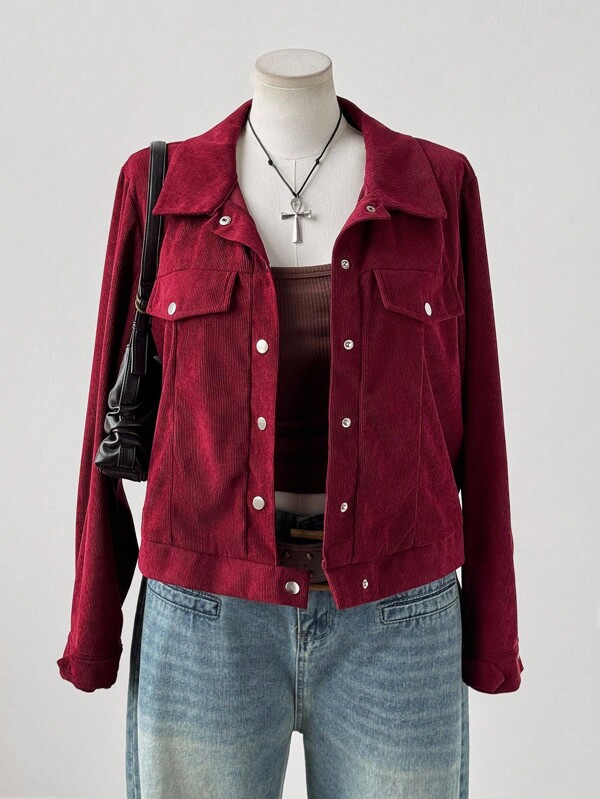Flirla Casual Versatile Corduroy Long Sleeve Metal Button Short Jacket  Vintage Fall Winter Cloth For Women Autumn