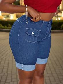 SHEIN SXY Plus Size Women's Elastic Fitted Elegant Fashion Denim Shorts, Autumn Cowboy - Medium Wash - View 5