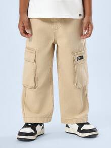SUMWON Pantalones cargo de pierna ancha con ajuste relajado, pantalones de algodón para uso diario, estilo casual de calle urbana con bolsillos laterales utilitarios, cómodos con cintura elástica - Caqui - Ver 1