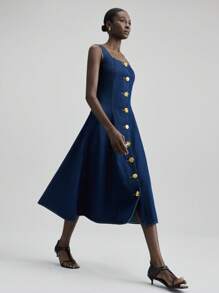 Ontre 2025 秋冬女装，秋冬女装时尚，返校季，万圣节，圣诞节，商务休闲，复古端庄优雅百搭基础款，纳什维尔服饰，方领单排扣无袖牛仔连衣裙 - 深色水洗藍 - 查看 4