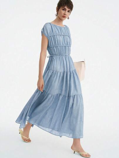 Aalyst Women's Plain Round Neck Batwing Sleeve Pleated Elegant Midi Dress