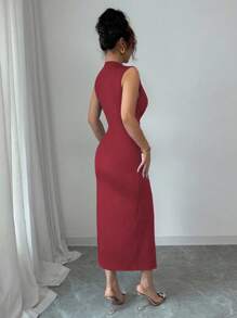 Rafferiza 优雅无袖蓝色深 V 领垂褶下摆开衩连衣裙，女款，春夏 - 酒紅色 - 查看 2