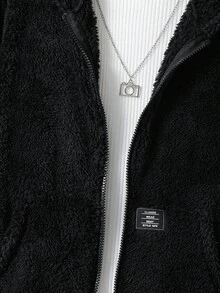 SHEIN 青少年男孩连帽休闲学院风柔软舒适简约实用毛绒夹克，适合秋冬季，适合日常穿着、户外玩耍、学校、街头风格、派对和居家 - 黑色 - 查看 4