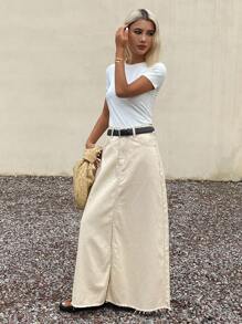 Livesso Women's Solid Color Front Slit Denim Mini Skirt Jeans Skirt