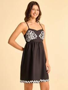 CAJUNI Women's Tropical Bohemian Style Leaf Print Sleeveless Mini Dress, Casual Holiday Beach Wear - Black and White - View 3