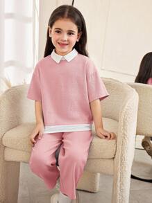 SHEIN Young Girl Casual Elegant Commuter Loose Shirt Collar Oversized Drop Shoulder Short Sleeve Woven Textured Color Block Shirt Top And Straight Leg Pants Set Pajama Sets Loungewear Two Pieces Outfit Girls Pink Outfit Young Girl Clothes - Pink - View 6
