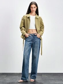 Lumivelle Women's Fashion Windbreaker Utility Jacket With Waist Cinch, Autumn/Winter Casual Spring For University - Khaki - View 3