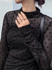 FRIFUL Women's Thin Transparent Turtleneck Polka Dot Flocked Fitted Solid Color Casual Autumn Wear Top Long Sleeve Women Tops,Fall Women Clothes