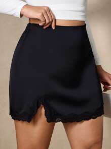 Chikora Plus Size Summer Elegant Contrast Lace Slit Black Skirt, Back To School Country Concert Business Casual Woman Work Wear Teacher