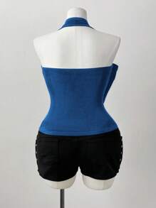 Flirla Áo thun nữ cổ tròn hở lưng co giãn thanh lịch cho kỳ nghỉ hè - Màu xanh lam - Xem 2