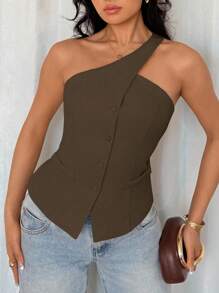 SHEIN Tall Áo ba lỗ hở lưng thanh lịch, đi làm văn phòng, đa năng, có lót dành cho nữ, mùa hè - màu nâu - Xem 7