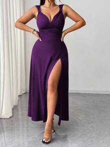 Elenzga Women's Plus Size Solid Color Twist Knot V-Neck High Slit High Stretch Knit Party Cocktail Versatile Stylish Design 2025 New Dress - Purple - View 4