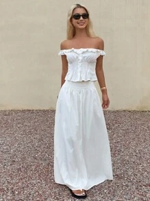 Livesso 女士方领收腰上衣和宽松半裙两件套，夏季露肩上衣 - 米色 - 查看 1