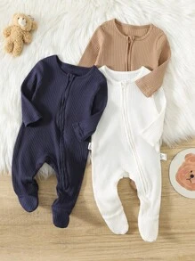 Set de 3 piezas Mameluco/Enterizo de punto acanalado con cuello redondo, manga larga y cremallera delantera para bebé recién nacido niño, suave y cómodo - Multicolor - Ver 3