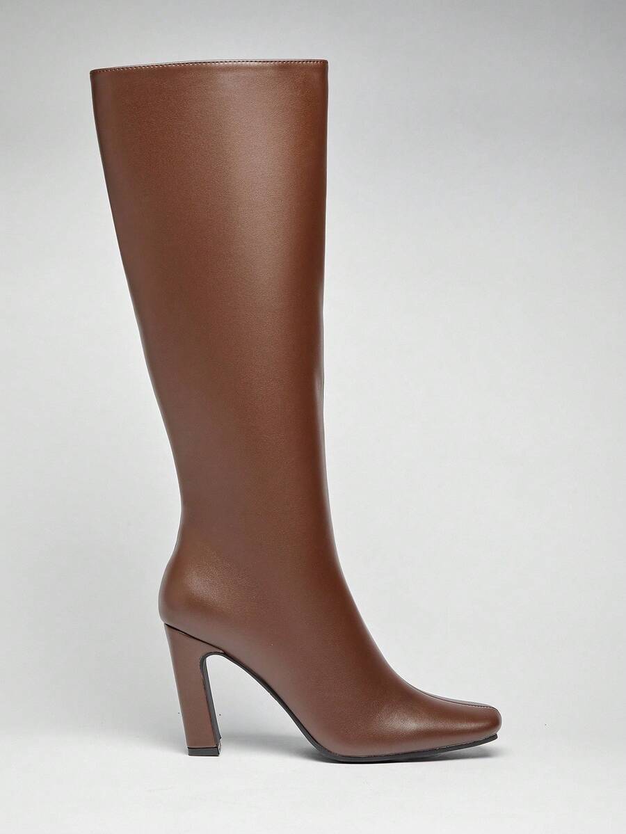 SHUZIA Women's 3.5'' Slanted Block Heel & Sleek Square Toe Pu Brown Knee High Boots–A Chic, Versatile Essential For Day-To-Night Looks With Modern Edge & All-Day Comfort. - Brown - View 1