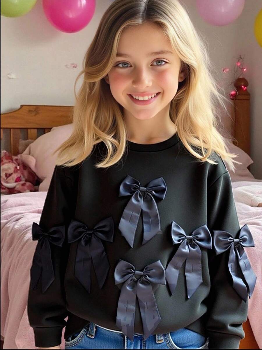 SHEIN Tween Girls Casual All-Match Daily Wear Sweet Bow Decor Round Neck Sweatshirt - Black - View 1