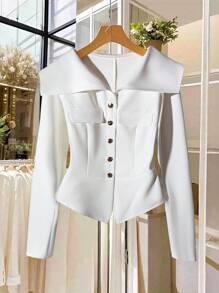 GlowEve 优雅女士西装外套，大翻领，口袋盖装饰，束腰，金色纽扣