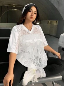 SHEIN EZwear 大尺碼女款蕾絲數字休閒透視上衣 - 白色 - 查看 1