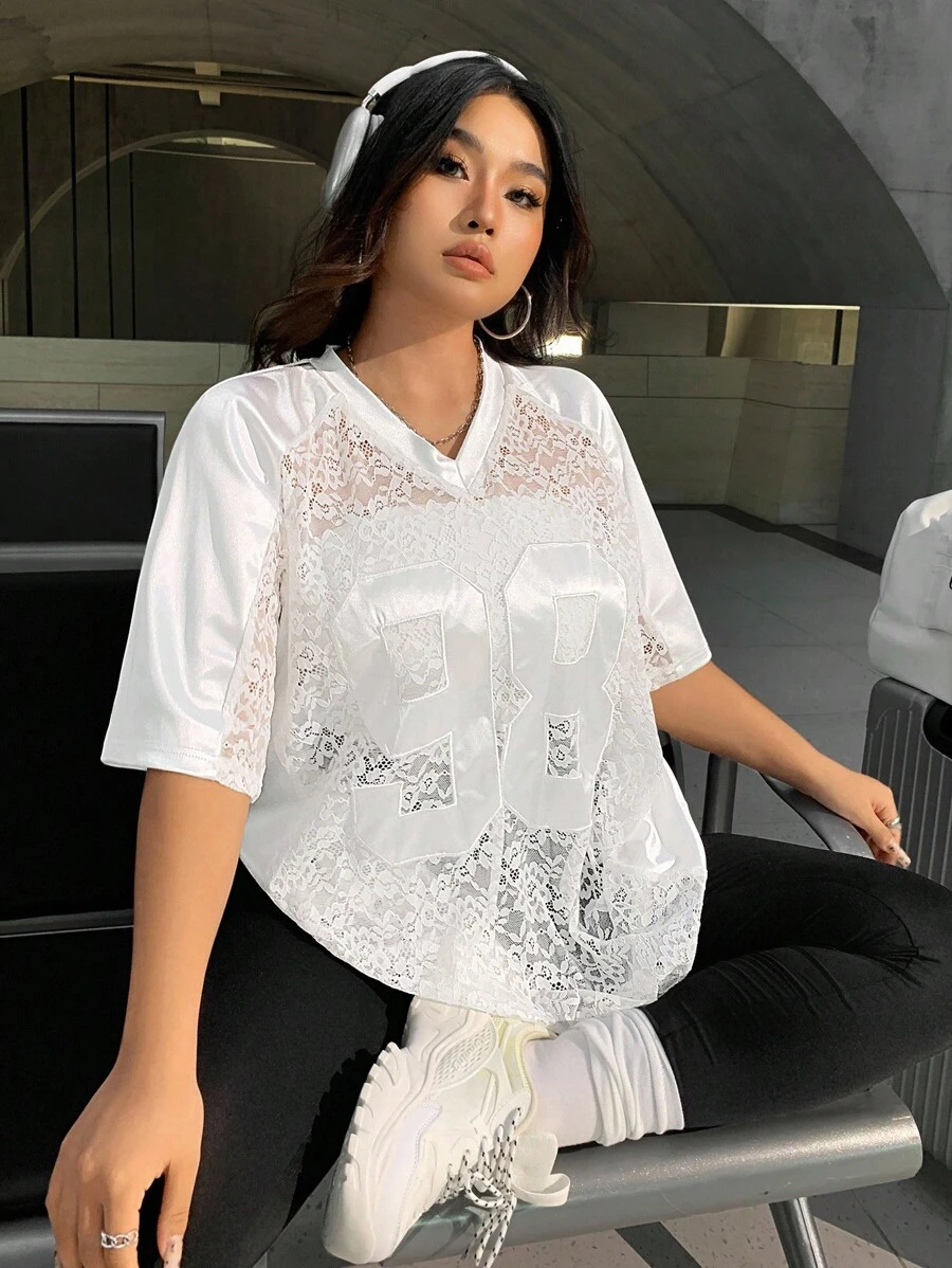 SHEIN EZwear 大尺碼女款蕾絲數字休閒透視上衣 - 白色 - 查看 1