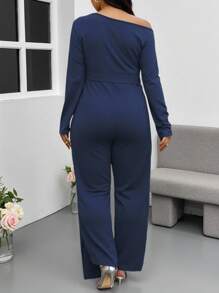 SHEIN LUNE Mono de pierna ancha con cuello asimétrico unicolor talla grande para mujer - Azul Marino - Ver 2