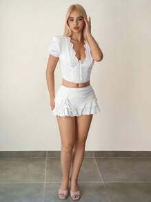 Sweetina Embroidered Fabric Puff Sleeve Underwire Design Women Shirt - White - View 5