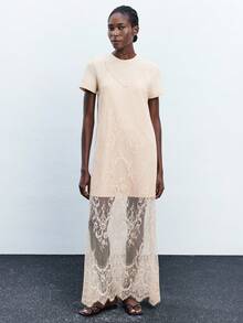 Maija Women's 2 Pieces Apricot Sexy Lace Slip Dress With Short Sleeves, Spring/Summer - Apricot - View 4