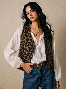 Poéselle 女式豹纹单排扣背心大衣