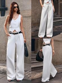 Selenza Women's Pocketed Pleated Wide Leg Loose Casual Versatile Denim Pants