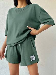 EURMUSE 100%Cotton Women Solid Color T-Shirt & Embroidery Detailed Shorts