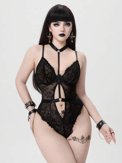 Gothic Style Lace Trim Underwire Bodysuit With Choker Neck