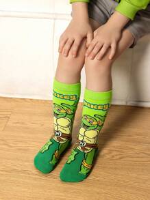 TEENAGE MUTANT NINJA TURTLES | SHEIN 4 双棉质柔软透气吸湿排汗儿童中筒袜绿色和蓝色可爱卡通图案中筒袜，加固脚趾和脚跟，经久耐用，男女通用，适合所有季节，百搭，适合学校和户外 - 彩色 - 查看 5