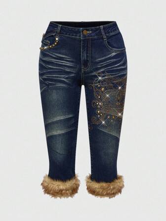 Hippie Pantalon capri en jean avec fourrure synthétique et ornements de strass en forme de couronne pour femmes