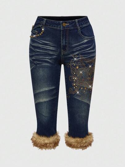 Hippie Women's Crown Rhinestone Embellished Faux Fur Denim Capri Pants