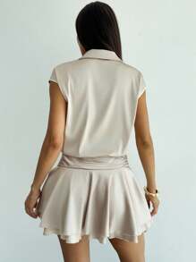 Firerie Women's Champagne Shirt Collar Ruffle Trim Mini Dress, Romantic Elegant Dress, Spring/Summer Clothing, Commute, Elegant, Romantic, Date, Music Festival, Work Attire