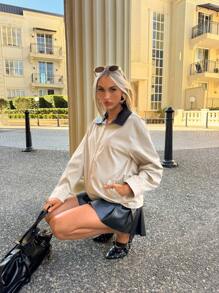 Siren Gaze Automne : Veste décontractée de navettage pour femmes en kaki - Col en PU contrastant, Fermeture éclair, Coupe ample | Style de grange Old Money, Décontracté chic modeste | Enseignant Aéroport 2025 Nouvel automne | Hiver pour femmes et Indispensable hiver pour femmes - Nude - Voir 6