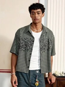 SWAVVY Men's Casual Plaid & English Letter Print Shirt, Summer - Multicolor - View 7