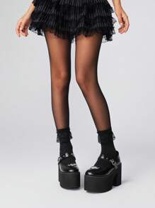 ROMWE Grunge Punk 女式朋克风格玛丽珍高跟鞋，超高跟，金属铆钉和搭扣设计，黑色厚底坡跟鞋，适合派对、日常穿着、晚礼服，增高显腿长，舒适百搭