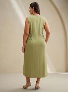 Anewsta 大码女式优雅复古硬币图案圆领无袖腰部扭褶收腰落肩连衣裙