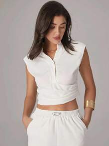 Modelyn 2件套女士无袖褶皱腰上衣和直筒裤 - 米色 - 查看 7