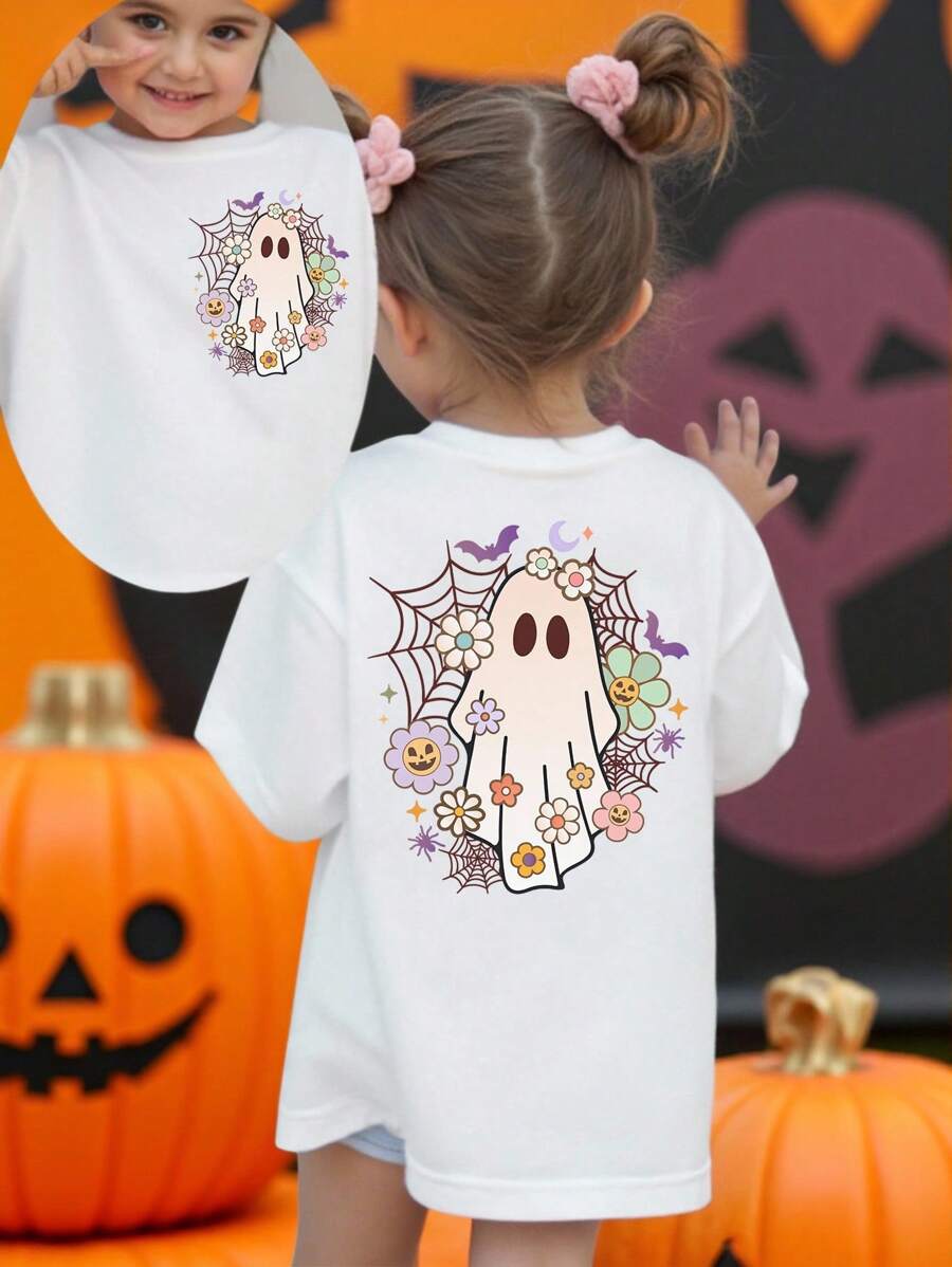 SHEIN Cute Halloween White T-Shirt For Girls With Round Neck And Drop Shoulder Sleeves Kids Halloween Shirts Ghost Shirt Kids Halloween Shirt Girls Fall Kids Clothes Kids Graphic Tees Halloween