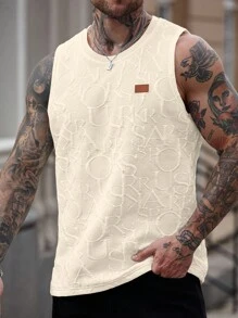Manfinity Homme 男士休闲字母压花圆领背心，夏季男士背心男士无袖上衣奶油色背心男士白色背心男士男士印花背心 - 卡其色 - 查看 3