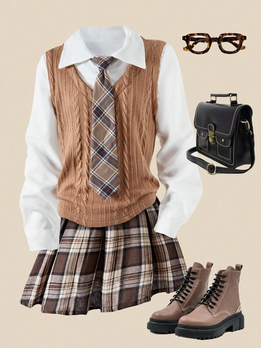 2 件套女童仿毛针织二合一领长袖衬衫和格子褶皱迷你裙休闲套装，适合外出、返校、学院风 - 卡其色 - 查看 1