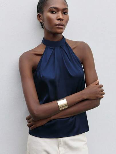 Maija Solid Satin Halter Tie Back Top,Autumn Outfits For Women, Christmas Women's Clothing