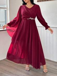 Modelyn Plus Size Women's Fashionable & Elegant Crystal Embellished Dress - Burgundy - View 3