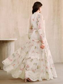 Anewsta 女式优雅花卉印花拼接蕾丝边长袖喇叭下摆连衣裙 - 杏色 - 查看 6