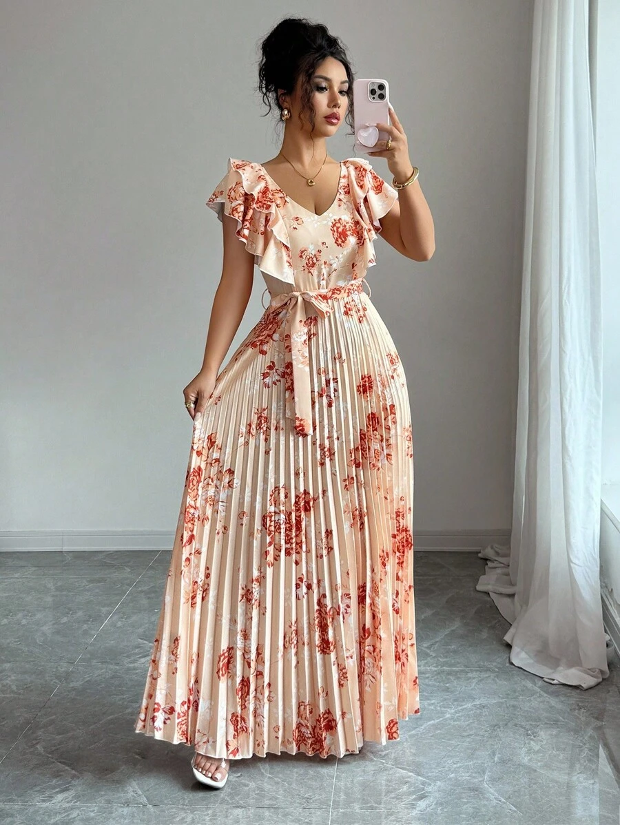 Elenzga Đầm nữ dáng chữ A in họa tiết kỹ thuật số phong cách nghỉ dưỡng nhún bèo eo thanh lịch lãng mạn - Nhiều màu - Xem 1