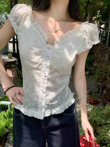 DAZY Women's Summer V-Neck Frill Trim Fitted Short Sleeve T-Shirt - White - View 5